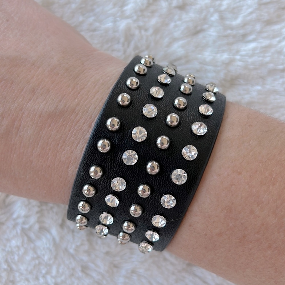 Adjustable Leather Studded Rhinestone Cuff